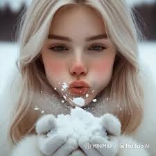 Bing AI + Haluoi AI, Prompt : fotorealistik yang sangat detail dari seorang  wanita muda berambut pirang mengenakan bulu putih, berdiri di luar ruangan  di tengah salju. Dia menghadap kamera dengan mata ...