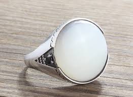 925 K Sterling Silver Mens Ring Natural White Mother Of Pearl And Onyx Gemstone Cincin Batu Permata Permata
