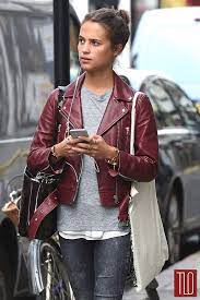Alicia Vikander Sports A Cute Errand Running Look In London Tom Lorenzo Fabulous Opinionate Maroon Leather Jacket Alicia Vikander Style Celebrity Jackets