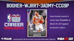 If you're playing nba 2k21, there's a good chance that you'll be redeeming a locker code at some point in the future. Nba 2k21 Myteam On Twitter Devin Booker Career Highlights Locker Code In 2017 Booker Scored A Career High Of 70 Points Against The Celtics Use This Code For A Chance At