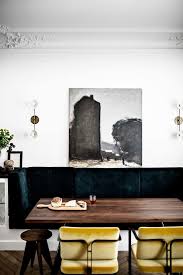 Deep Blue Sofa Mustard Velvet Chairs White And Black Wall Art Natural Walnut Wood Table Dining Room French Dining Room Inspiration Interior