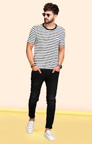 Black And White Striped T Shirt Outfit Men Striped Navy Blue Round Neck T Shirt Casual Wear For Men Mens Outfits Mens Shirts