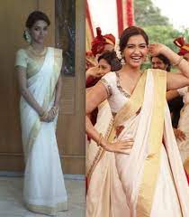 The gold zari border is real silver dipped in gold and has a dull gold shine. Asin Goes Traditional Mallu For Riteish Genelia Wedding Kerala Saree Blouse Designs Kerala Traditional Saree Indian Saree Blouses Designs