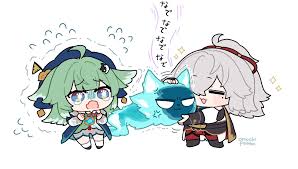 omochi binta, huohuo (honkai: star rail), jing yuan, tail (honkai: star  rail), honkai: star rail, honkai (series), highres, 1boy, 1girl, 1other,  ahoge, angry, animal ears, chibi, chinese clothes, clenched hands, crying,  crying