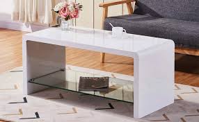 Just because they fit well into compact areas doesn't mean they can't make a grand statement! Goldfan High Gloss Coffee Tables Modern Rectangular End Table With Glass Storage Shelf Side Table For Living Room Home Furniture White Amazon Co Uk Home Kitchen