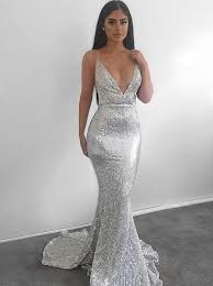 Sparkly Sequined Evening Dress Silver Mermaid Prom Dress With Train Backless Prom Dress Fitte Prom Dresses Sleeveless Backless Prom Dresses Sequin Prom Dresses