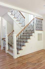 Ours are actually stainless steel but that falls under metal. Black Railing White Spindles Image Result For Newels With Metal Spindle Painted Railings Iron Wrought Iron Stairs Iron Staircase Iron Stair Railing