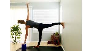 Twisted Half Moon Pose With Top Foot Anchored Wall Yoga Yoga Practice Hatha Yoga Poses