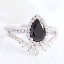 10k white gold ring with 1 pear shaped brilliant cut black diamond weighing approximately 2 ct. Luna Halo Bridal Set W Pear Black Diamond And 7 Stone Pave Diamond Ring La More Design