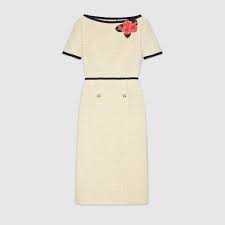 Shop The Tweed Dress With Floral Applique In Off White Boucle At Gucci Com Enjoy Free Shipping And Complimentary Gift Wrap Tweed Dress Long Midi Dress Dresses