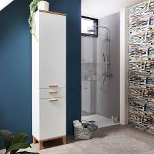 Badmobel Hochschrank Mit 2 Turen Und Schubkasten Radom 01 Supermatt Weiss Mit Navarra Eiche Nb Bxhxt Ca 39x201x34cm Hochschrank Badezimmer Set Schubkasten