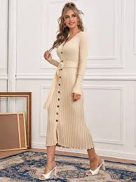 Neue kleider, blusen, schuhe, tasche, accessories hier shoppen. Geripptes Strick Kleid Mit Einreihiger Knopfleiste Und Gurtel Aktuelle Trends Gunstig Kaufen Shein Deutschland
