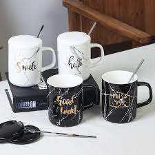 Marble Design Ceramic Mug Black And White Coffee Mug With Spoon Marble Mugs Mugs White Coffee Mugs