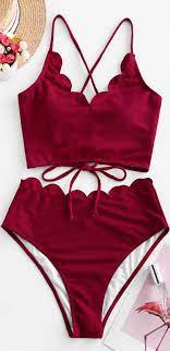 Zaful Plain Scalloped Trim High Leg Tankini Swimsuit Ruby Red Tankini Swimsuits Slimming Bathing Suits Trendy Swimsuits