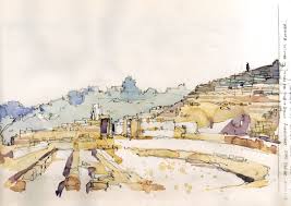 Watercolour Sketch Amphitheatre At Cyrene Green Mountains Libya Www Nickhirst Co Uk Watercolor Sketch Drawings Urban Sketching