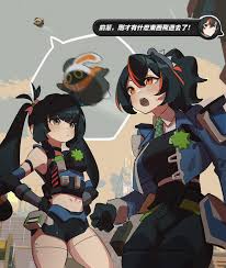 bangboo (zenless zone zero), eous (zenless zone zero), qingyi (zenless zone  zero), zhu yuan, zenless zone zero, absurdres, chinese commentary,  commentary request, highres, translation request, 2girls, :, badge, bare  shoulders, black gloves,
