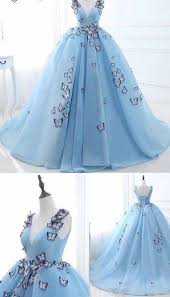 Sky Blue V Neck Butterfly Flowers Ball Gowns Long Prom Dress Puffy Event Gowns C130 Cutedressy Online St Tulle Prom Dress Blue Ball Gowns Prom Dresses Blue