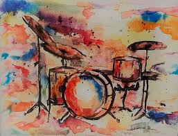 Lucky tiny people turning raffle the drum set is on the podium of luminous lines, and above them is a luminous pyramid. Drumwork Painting By Adrienne Challinor