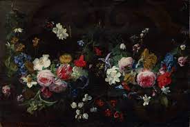 Seamless dark pattern with gold vintage flowers, vector eps10. Daniel Seghers Garland Of Flowers Against A Dark Background Auction 995 Old Masters And 19th Centuries Paintin Flower Garlands Painting Dutch Masters Flowers