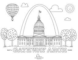 Coloring page for kids with house and bridge. Arch At Home Visit Gateway Arch Park Foundation