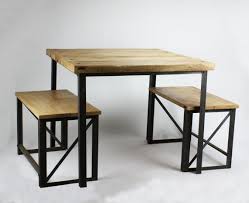 If you have square tables, allow 42″ between the corners of the tables, which leaves 6″ of space for chairs to push out. Konk Oak Steel Industrial Square Dining Table Set With 2 Benches Seats Up To Four Rustic Vint Kitchen Table Oak Square Dining Tables Table And Bench Set