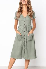 Venidress Summer V Neck Button Down Vicky Midi Dress Mid Calf Dresses Casual Dresses For Women Simple Dresses