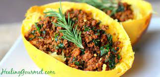 Smoky Bison Stuffed Spaghetti Squash Paleo Low Carb Healing Gourmet Recipe Ground Bison Recipes Bison Recipes Paleo Spaghetti Squash