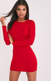 Amerie Red Jersey Long Sleeve Bodycon Dress Tight Long Sleeve Dress Red Dress Short Red Long Sleeve Dress