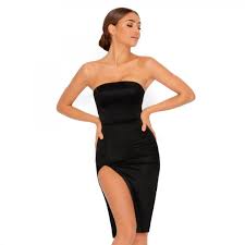 Satin Bandeau Split Midi Dress In Black Ohpolly Strapless Cocktail Dresses Polly Dress Going Out Dresses