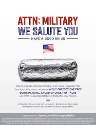 And close, teachers can get bogo burrito, burrito bowl, salad or order of tacos with the purchase of a regular order. Saluting Those Who Serve Chipotle Announces Bogo Offer For Active Military And Veterans Business Wire