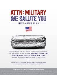 Find deals at burger king, kfc, mcdonald's and more. Saluting Those Who Serve Chipotle Announces Bogo Offer For Active Military And Veterans Business Wire