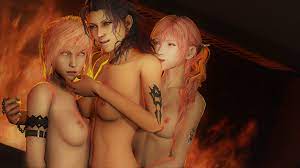 3d 3girls arm band bare shoulders black hair breasts chain leash  chin grab eclair farron eye contact female female only final fantasy final  fantasy xiii fire fireplace group leash
