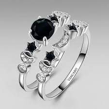 Moon And Star Theme With Black Stone Women S Wedding Ring Set Black Wedding Rings Black Stone Ring Womens Wedding Ring Sets