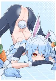 moral cacoethes, usada pekora, hololive, highres, 1girl, animal ear fluff,  animal ears, ass, black gloves, blue hair, blush, braid, breasts, butt  crack, carrot hair ornament, closed mouth, extra ears, food