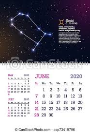 Your star sign is gemini. Wall Calendar For June 2020 Year With Gemini Zodiac Constellation Gemini Star Sign And Dates Of Birth On Deep Space Canstock