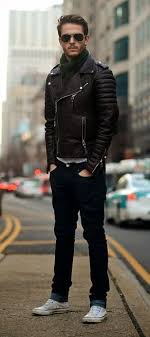 Black Jeans A Black Leather Jacket And A Green Scarf Mens Fashion Magazine Well Dressed Men Stylish Men