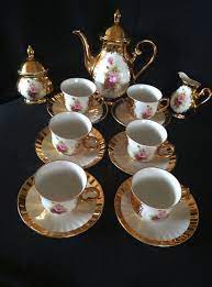 Antique 24 Kt Gold Over Porcelain 17pc Germany Bavaria Coffee Tea Set Handarbeit Gold Dinnerware Tea Set Tea