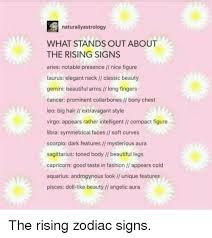 They take quite a while to warm up to someone. Naturallyastrology What Stands Out About The Rising Signs Aries Notable Presence I Nice Figure Taurus Elegant Neck I Classic Beauty Gemini Beautiful Arms Long Fingers Cancer Prominent Collarbones Bony Chest Leo Big