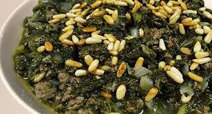 Spinach Stew With Minced Beef N Pine Nuts Recipe Spinach And Meat Recipe Beef Spinach Recipe Pine Nut Recipes