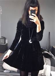 Scarf With Moon Necklace Black Velvet Dress Tights By Quimimo Velvet Dresses Outfit Velvet Fashion Nice Dresses