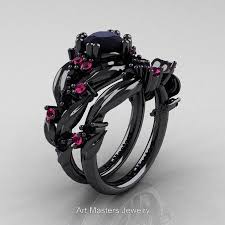 Black And Pink Wedding Ring Nature Classic 14k Black Gold 1 0 Ct Black Diamond Pink Sapphire Leaf And Vine Engagement Ring Wedding Band Set Black Gold Ring Black Gold Jewelry Black Rings