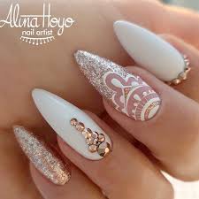 Mandala Nail Designs And Nail Art Gold White And Mandala Accent Perfect Nail Design For Bride Mandalas Na Pointy Nail Designs Pointy Nails Nail Designs