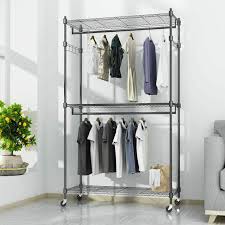 These clothing racks are made on wheels for easy movement and have a bottom shelf to hold shoes. New Sale 2 Tier Closet Organizer Shelves Closet Garment Rack Portable Clothes Rack Hanger Walmart Com Walmart Com