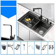 Evier Noir Moderne A Double Bac En Acier Inox Pour Cuisine Robinet Optionnel En 2020 Cuisine En Acier Inoxydable Evier Noir Acier Inox