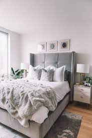 Olivia Rink Puts The Finishing Touches On Her Nyc Bedroom Kathy Kuo Home Bedroom Inspiration Grey Bedroom Interior Grey Bed Frame