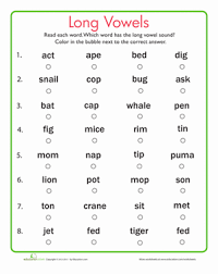 Long Vowel Quiz Worksheet Education Com Phonics Worksheets Long Vowels Vowel