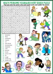 This set of illness and injury cards can be used to play. Health Problems Esl Word Search Puzzle Worksheet For Kids