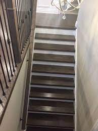 Grey Brown Tones On Staircase With White Risers And Stringers White Stair Risers Wooden Stairs Hardwood Stairs