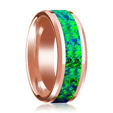 Men S Beveled 14k Rose Gold Wedding Band With Green Blue Opal Inlay Polished Finish 8mm 14k Yellow Gold Wedding Band 14k Rose Gold Wedding Band Rose Gold Wedding Bands