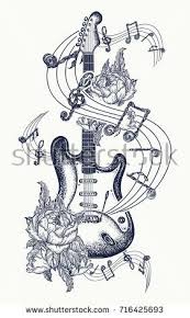 Guitar Tattoo Electric Guitar Roses And Music Notes Rock And Roll T Shirt Design Symbol Of Rock Mus Music Notes Art Music Tattoo Sleeves Music Notes Tattoo